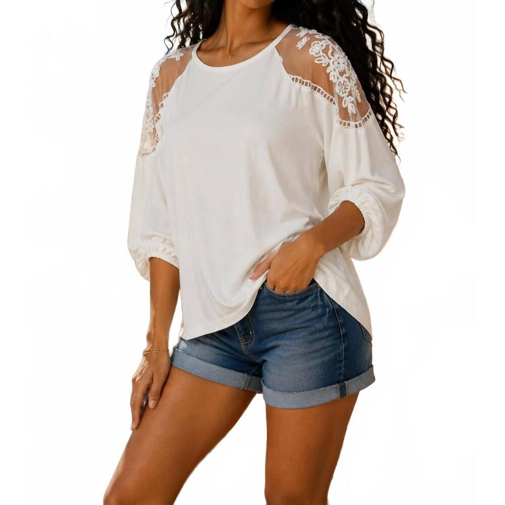 NEW SURELYMINE lace sleeve top with balloon sleeves in white